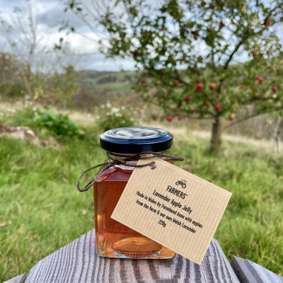 A jar of Lavender Apple Jelly sat in front of an apple tree
