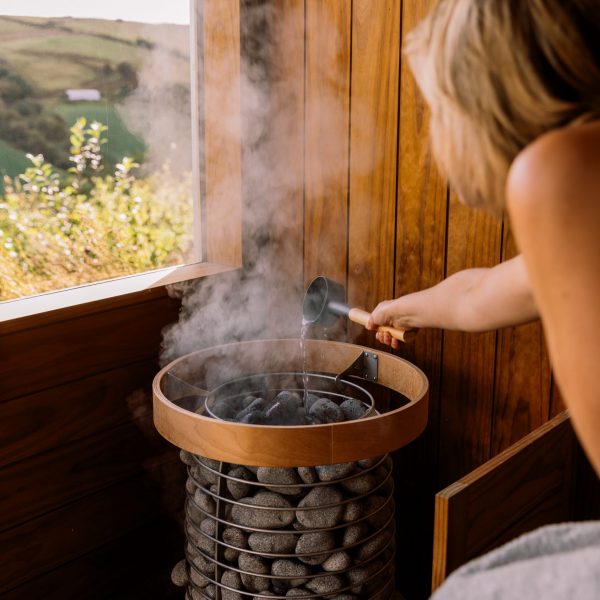 Inside sauna with panoramic view high above Wye Valley